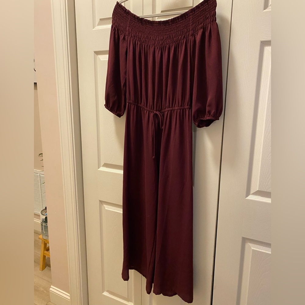 BeBop Off-Shoulder Wine Jumpsuit